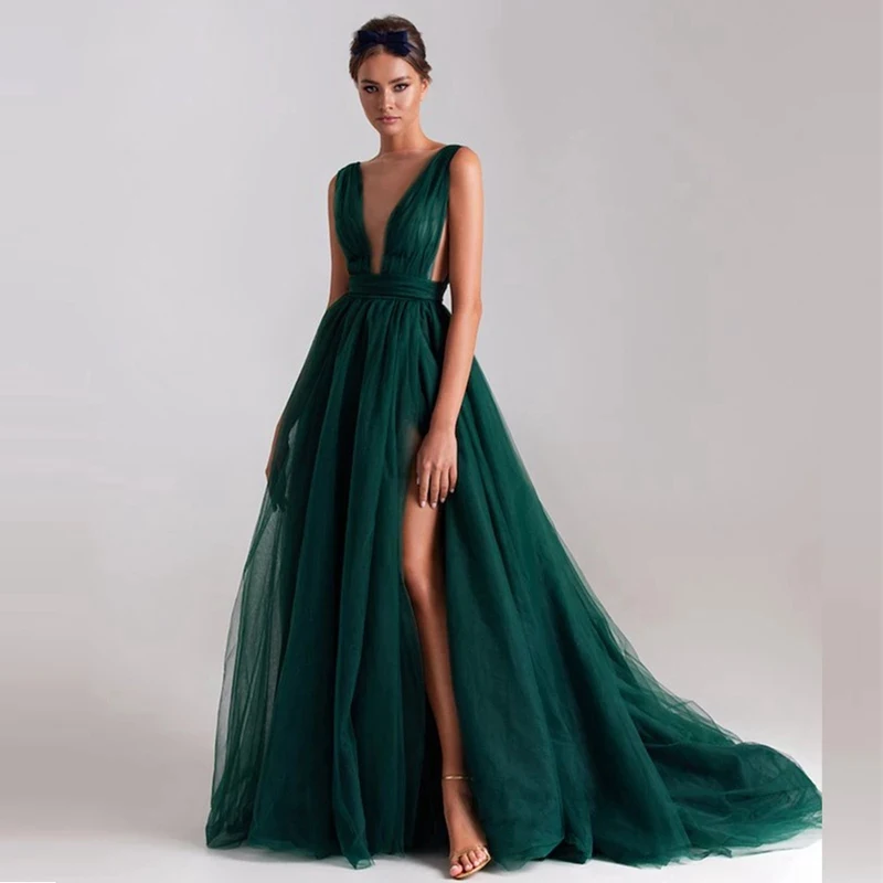 

Evening Dress V-Neck Chapel Train Mono Classic Floor-Length Draped A-LINE Chiffion Ruffle Tulle Sleeveless Simple Prom 2022 New