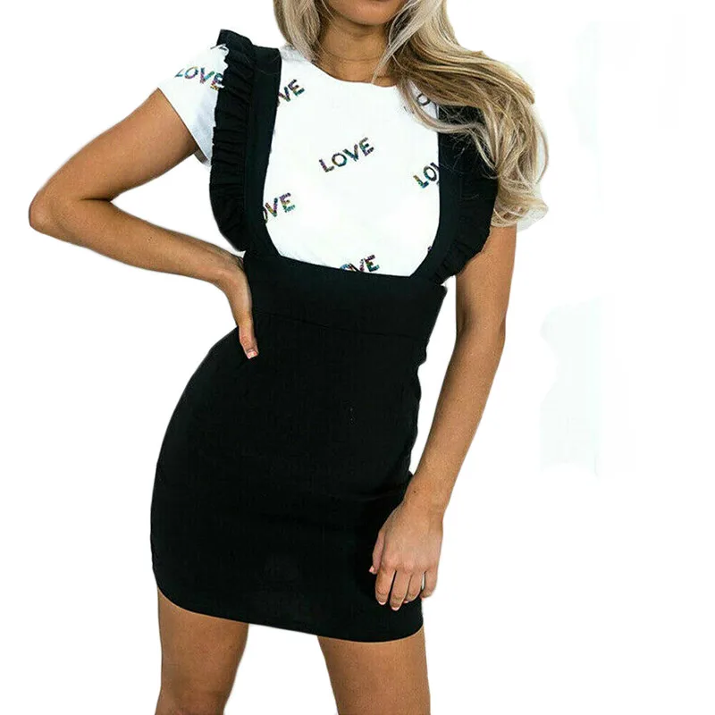 Женская однотонная черная юбка на подтяжках облегающая Короткая мини с оборками