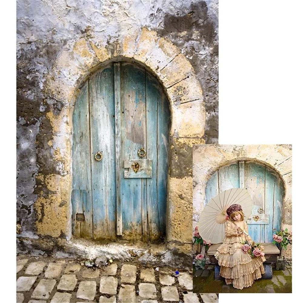 

Blue Painted Wooden Door Photography Backdrops Vintage Baby Newborn Photo Prop Kids Children Photographic Background Brick Floor
