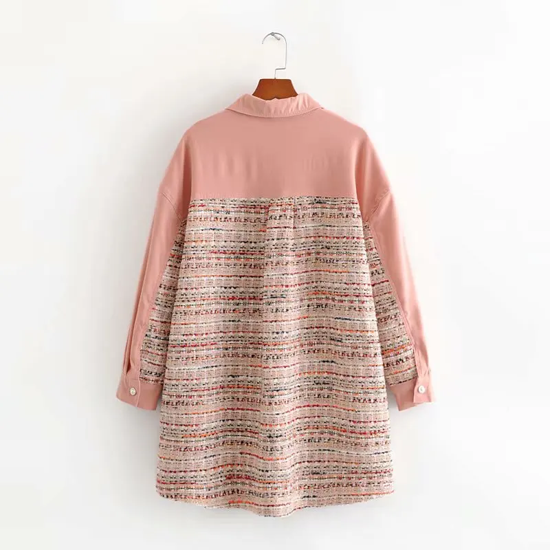 

2020 autumn and winter thick women's loose coat tweed top and bottom stitching pearl buckle clip casual coat