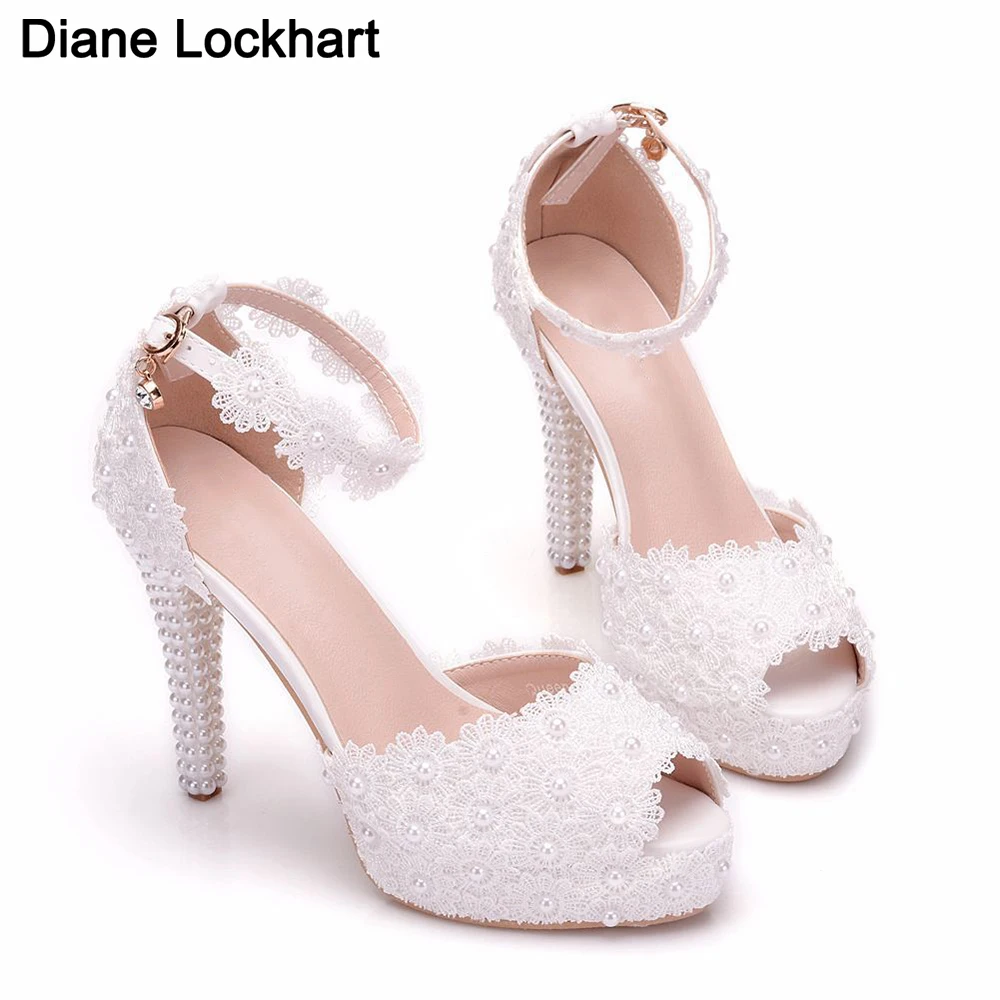 

Женские свадебные туфли с жемчугом; Кружевные женские туфли-лодочки; Вечерние модельные туфли с открытым носком на шпильке; Женские белые б...