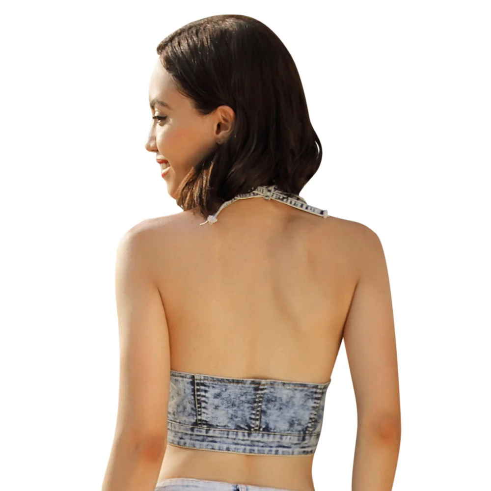 Женский Джинсовый укороченный топ голубой на молнии без рукавов и с открытой