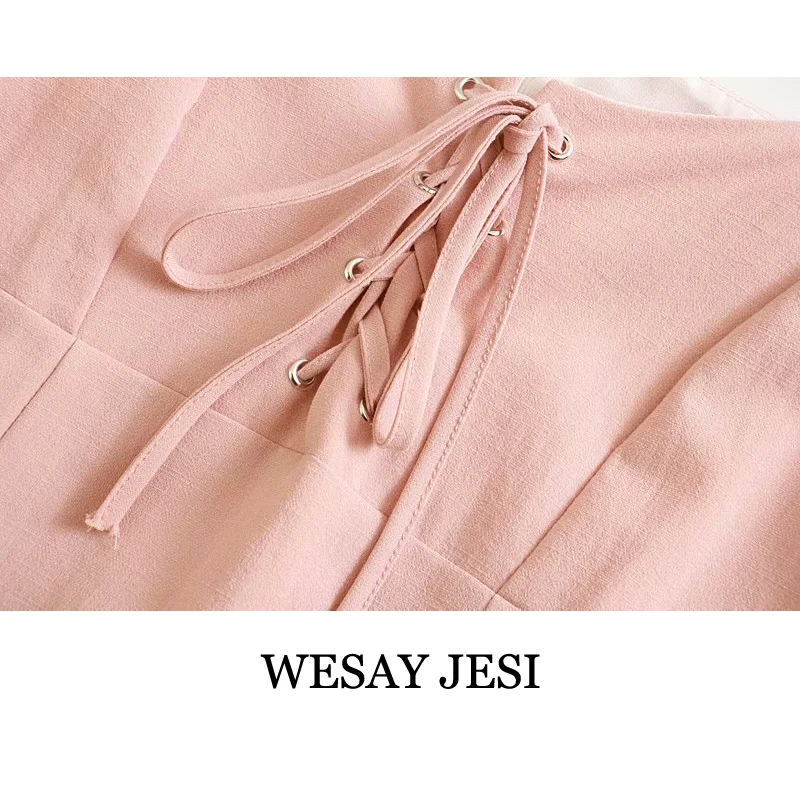 

WESAY JESI Summer Dress 2021 Elegant Sweet Pink Dress Square Neck Chest Decorative Lace Mini Skirt Sexy Split Hem Ladies Skirts