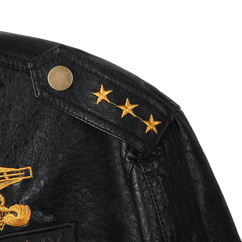 Новинка куртка из искусственной кожи мужская мода вышивка военный Бомбер пилот