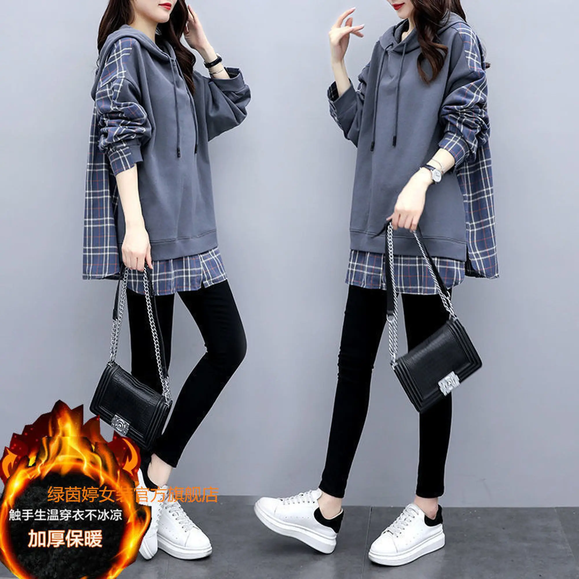

Hooded Velvet Autumn And Winter Mid-Length Fake Two-Piece 2020 Loose Plus Size Thick New Women's Clothing