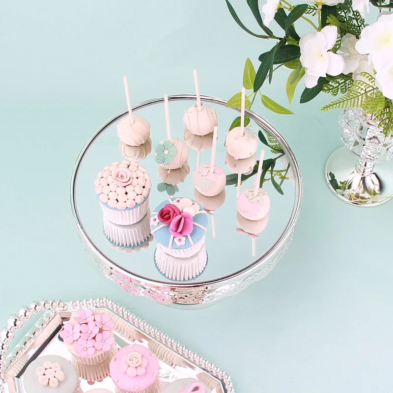 Серебряная круглая зеркальная тарелка поддон для кексов/приема макияжа 10 дюймов