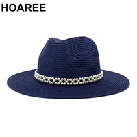 hoaree navy panama hat stylish pearl summer beach ladies trilby wide brim hat straw sun hats for women jazz fedora hat