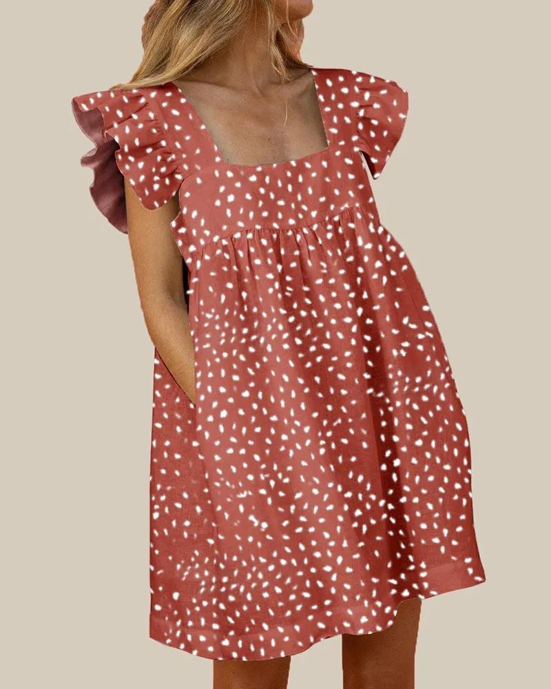 

Women Summer Floral Print Square Neck Sundress Lady Casual Ruffles Puff Sleeve Mini Dress Casual Short Summer Dress