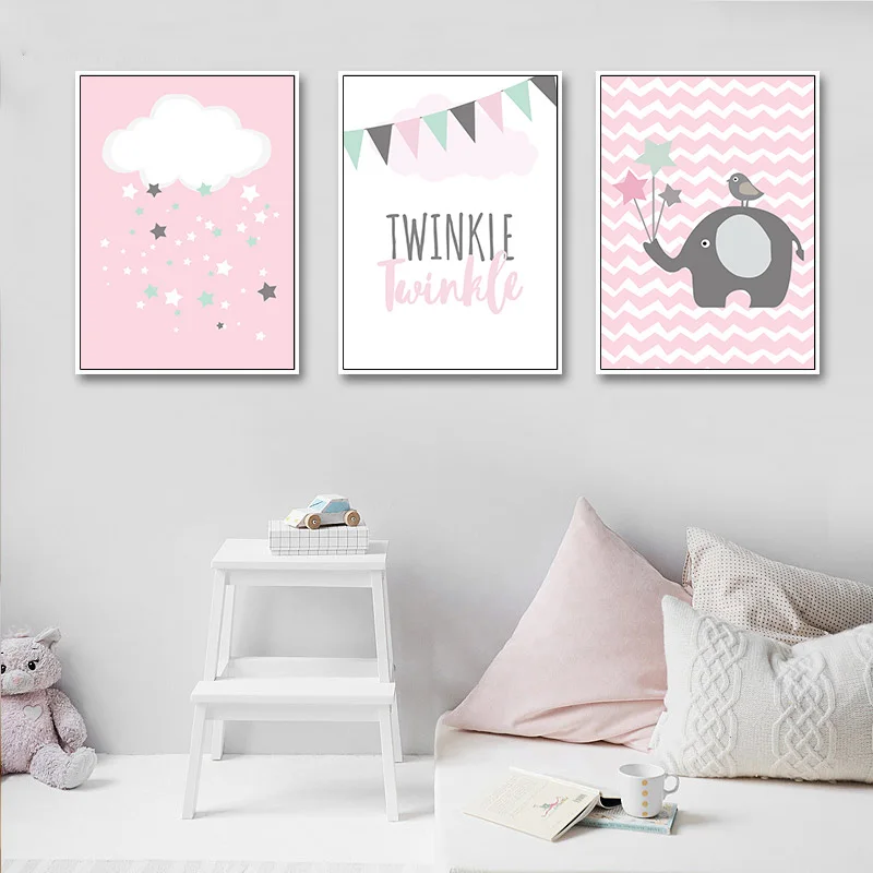 Розовые облака Слон на холсте плакаты принты для детской мультфильм шаблон