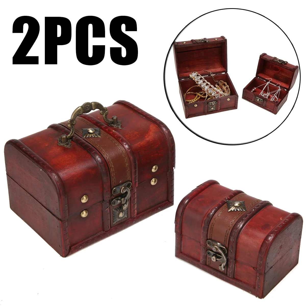 Mayitr 2Pcs Vintage Wooden Jewelry Storage Box Small Treasure Chest Wood Crate Case For Home Craft Storage Container