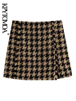 kpytomoa women chic fashion front slit tweed mini skirt vintage high waist side zipper female skirts mujer