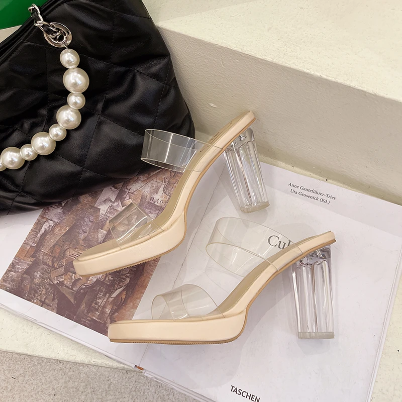 

Thick-heeled summer 2021 all-match high-heeled transparent one-word slippers, crystal and half-drag sandals and slippers women