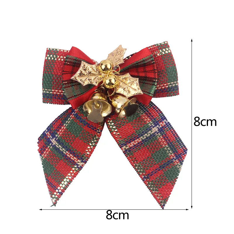 8*8cm Christmas Bow With Mini Bells Christmas Tree Grid Bowknot Ornament for Xmas New Year Party DIY Gift Wrapping Decoration 8z