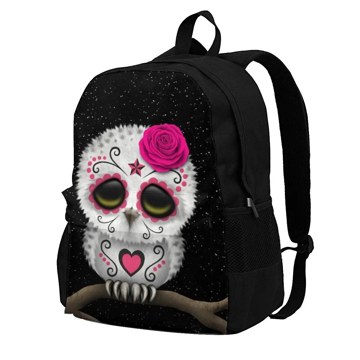 

Cute Pink Day Of The Dead Sugar Skull Owl Backpacks Mexican Skull Animal Polyester Campus Runner Backpack Large Stylish Bags