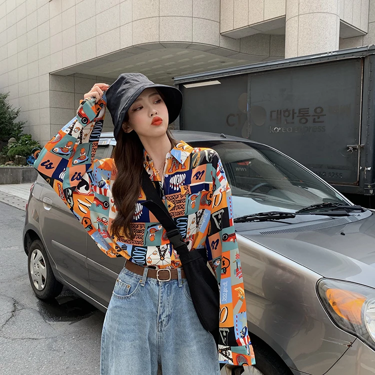 

womens tops and blouses print turn-down collar korean fashion clothing blusas mujer de moda streetwear style autumn ladies hot