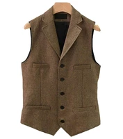 mens suit vest herringbone v neck brown vintage four pockets wedding groomsmen tweed vest waistcoat for men