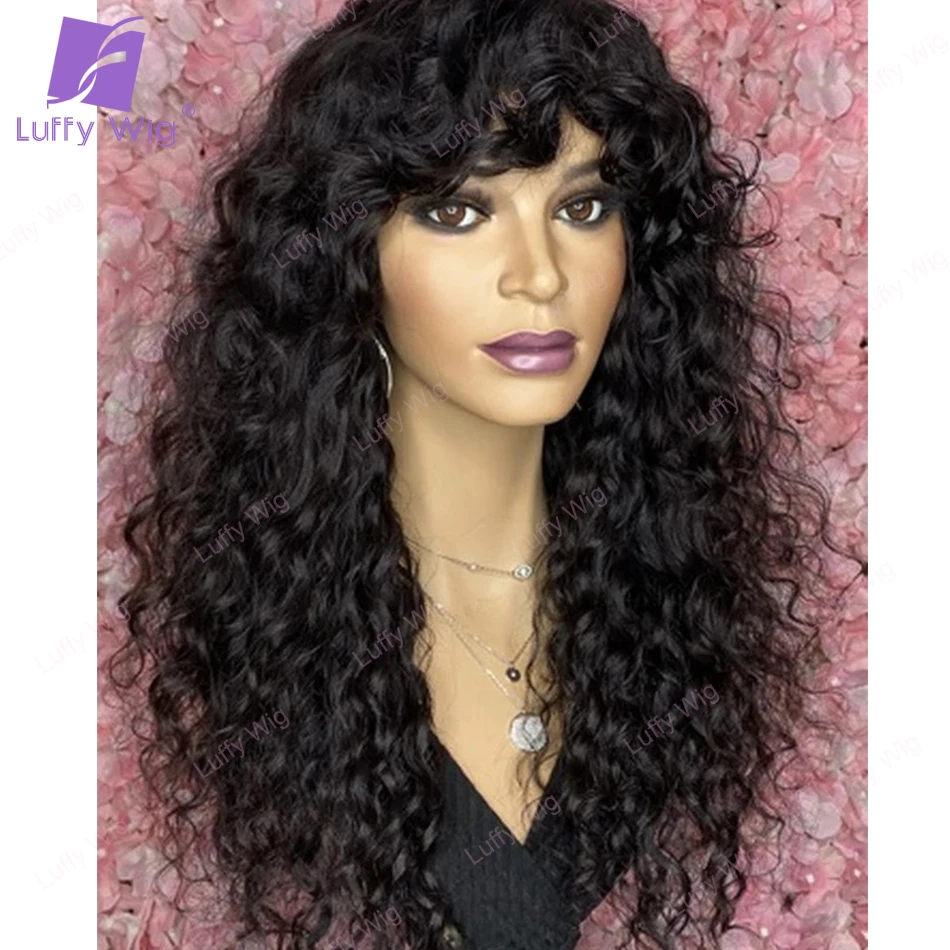 Loose Curly Human Hair Wigs With Bangs Brazilian Remy Human Hair O Scalp Top Glueless Wig For Black Women 200% Density Luffywig