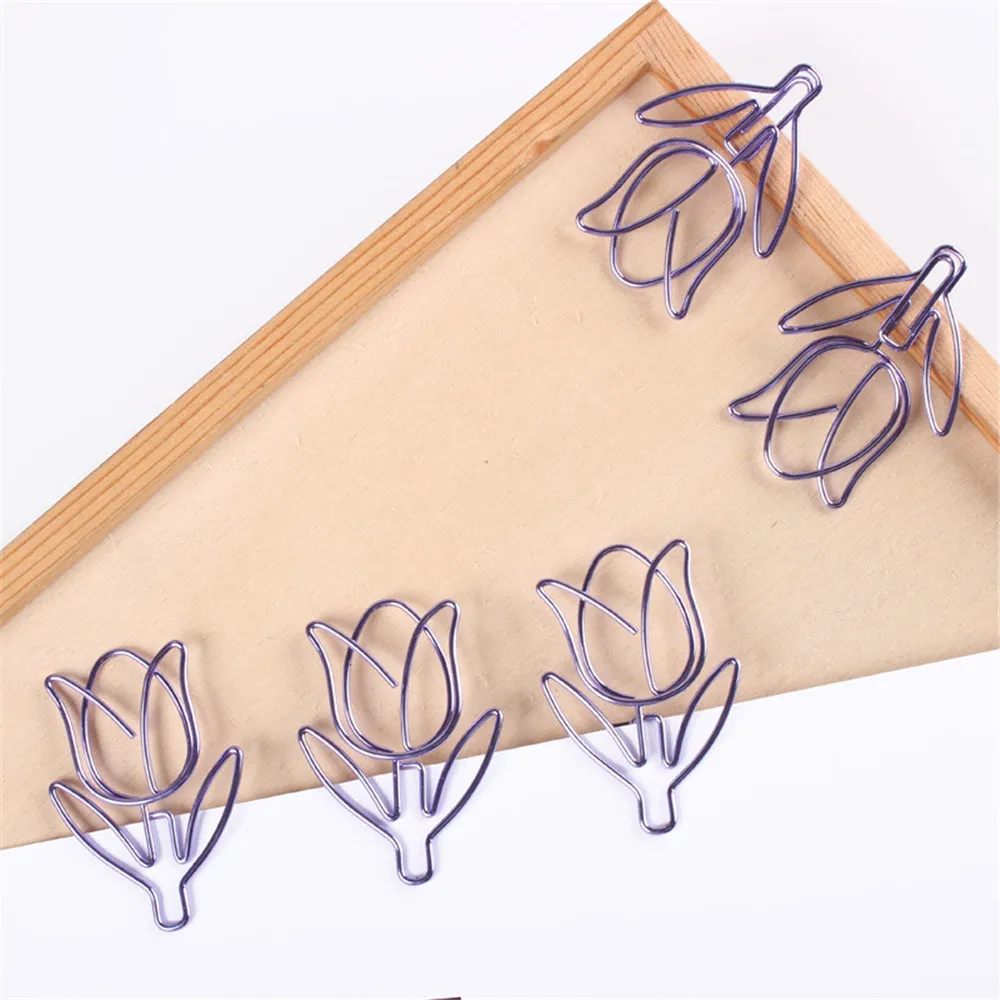 12pcs/box Purple Tulip Shape Paper Clips Bookmark Photo Memo Ticket Marking Clip Stationery for DIY Diary Album Student Gifts