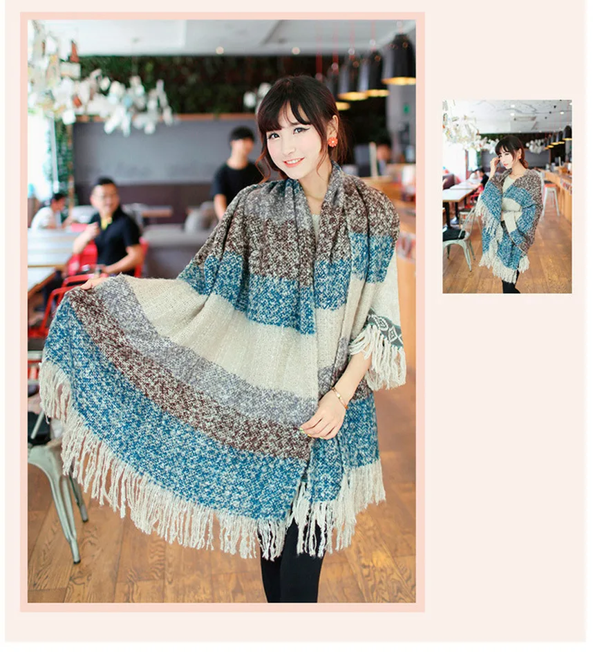 Женский зимний теплый шарф вязаный шерстяной кашемировый в клетку с кисточками 5