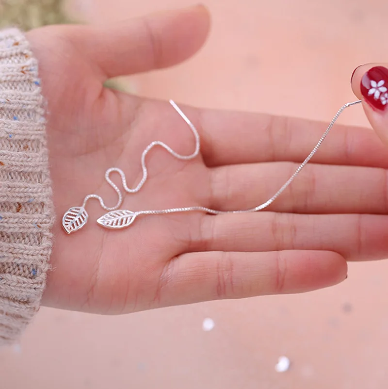 Серьги серебряного цвета Панк с листьями S925 Оливковый лист длинные кисточки