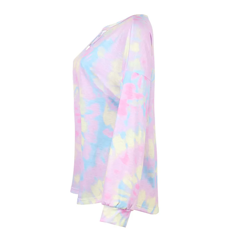 

WEPBEL Women Loose Tie Dye Print Shirt Ladies Spring Fashion Long Sleeve V Neck Bottoming Shirt Top