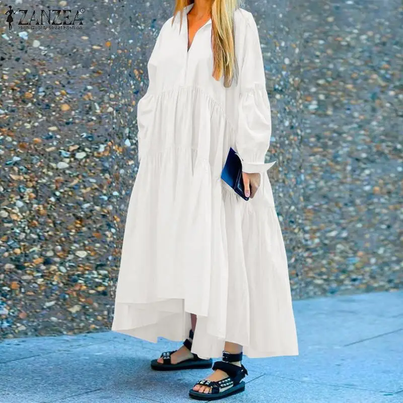 

ZANZEA модное богемное женское платье 2022 весенние Лоскутные макси платья повседневные однотонные с лацканами на пуговицах с длинным рукавом С...