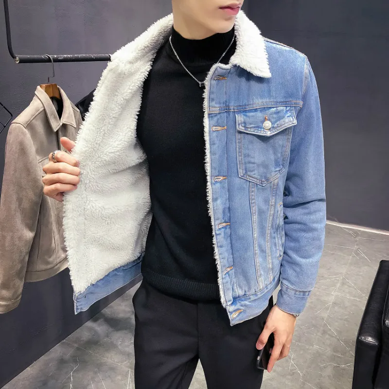 

2020 New Winter's Men's Fashion Fleece Thick Pure Color Casual Denim Jacket Male Cotton Slim Vintage Jackets Men Coats
