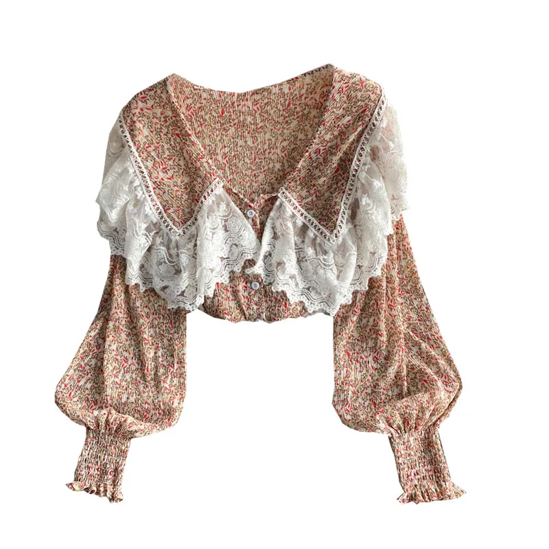 

2021 Spring New Fashion Temperament Blouse Female Lapel Puff Sleeve Loose Top Retro Blusa Stitching Lace Chiffon Shirt C662