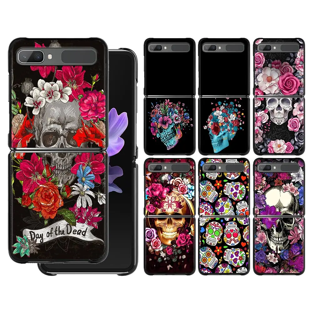 

Phone Case For Samsung Galaxy Z Flip3 z flip 3 5G PC Cases for Samsung Z Flip Cover Black Shell Hard Fundas Flower Skull