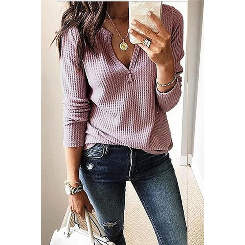 

Autumn Winter New 2021 Long Best Sleeve V-Neck Waffle Women's T-Shirt Vrouwen Cotton Mesh Tops For Tshirt Backless Friends
