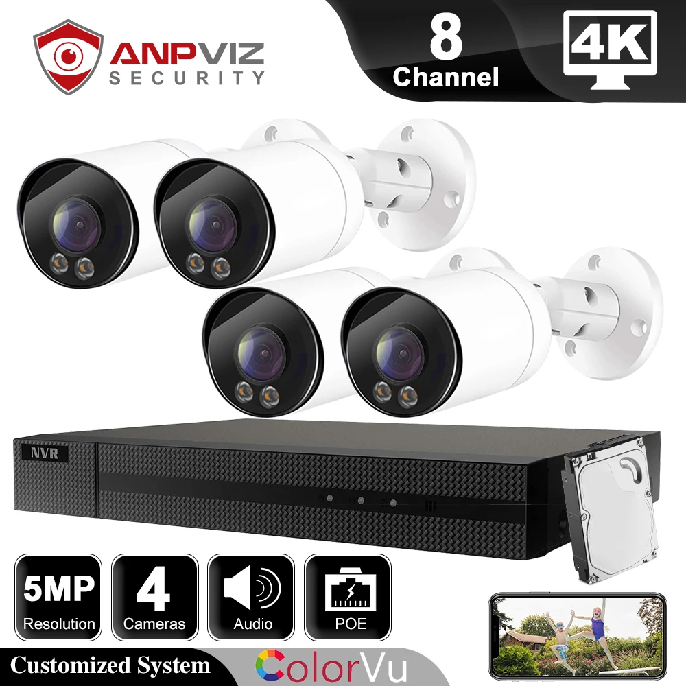 

Anpviz 8CH 4K NVR 4Pcs 5MP IP Camera Security System Outdoor Full Night Vision Audio Bullet POE Camera CCTV Security Kit H.265