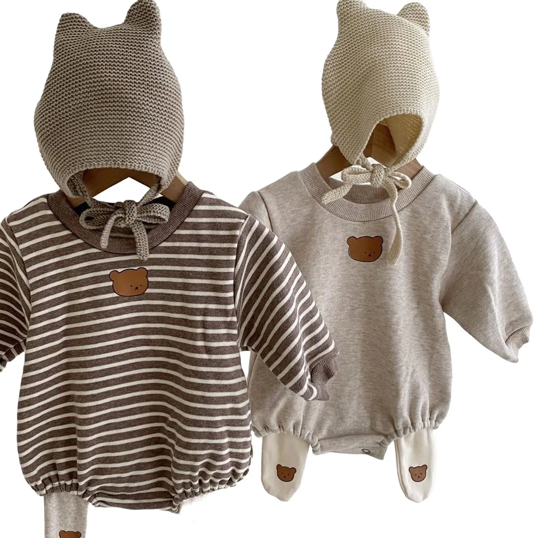 

2022 Winter Newborn Baby Clothes Baby Boys Girls Plus Velvet Warm Baby Bodysuit Cute Striped Bear Print Cotton Jumpsuit Babywear