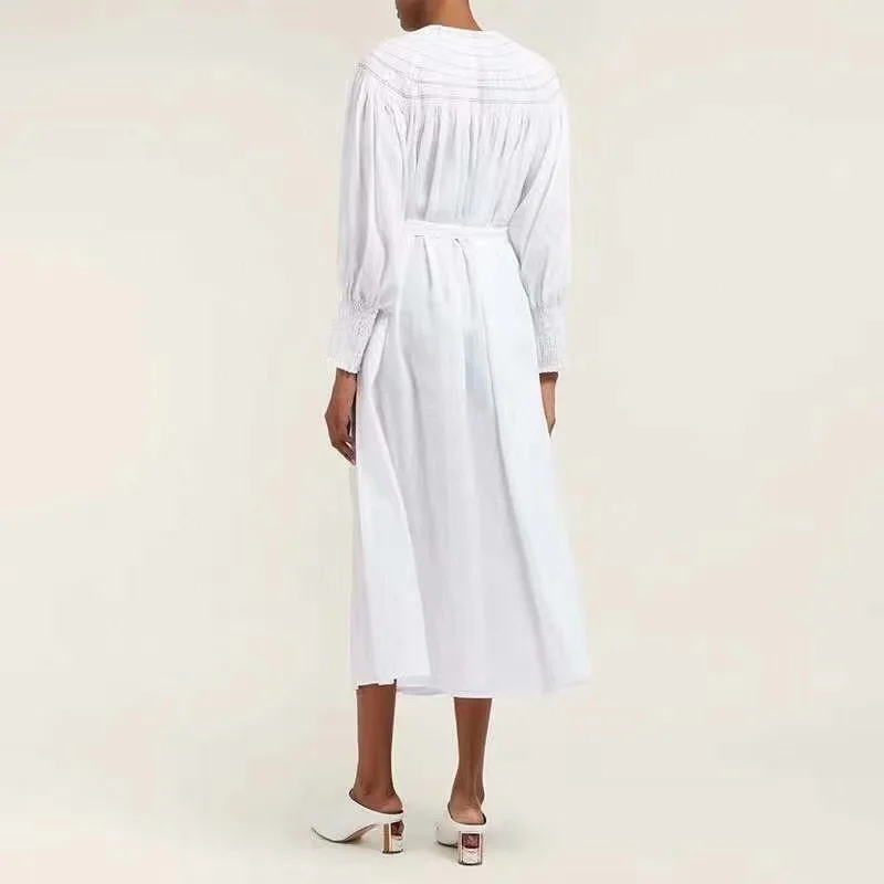 

High Quality Runway European White Long Sleeve Trendy Ins Summer Chic Elegant Party Vintage Women Pure Linen Dress