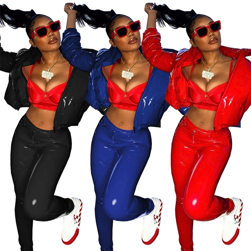 Женская модная яркая однотонная куртка-пуховик из искусственной кожи зимние