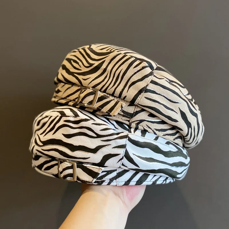 Берет художника Женский с замшевой пряжкой Модный берет зебры восьмиугольная