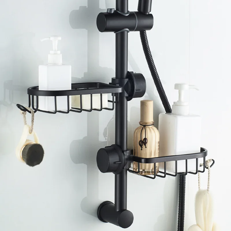 

Aluminum Basket Shelf Single Layer Bathroom Storage For Shampoo Soap Shower Storage Rack Holder Organizer With Hooks