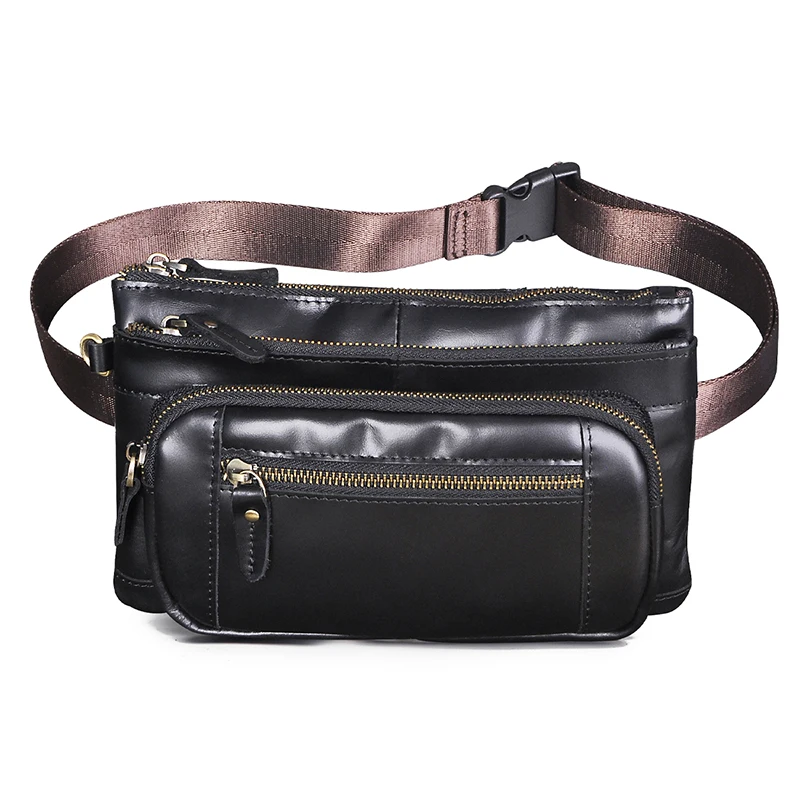 

Hot Sale Oil Wax Leather Men Fashion Travel Fanny Waist Belt Chest Pack Sling Bag Design Tablet Phone Cigarette Case Male 9801