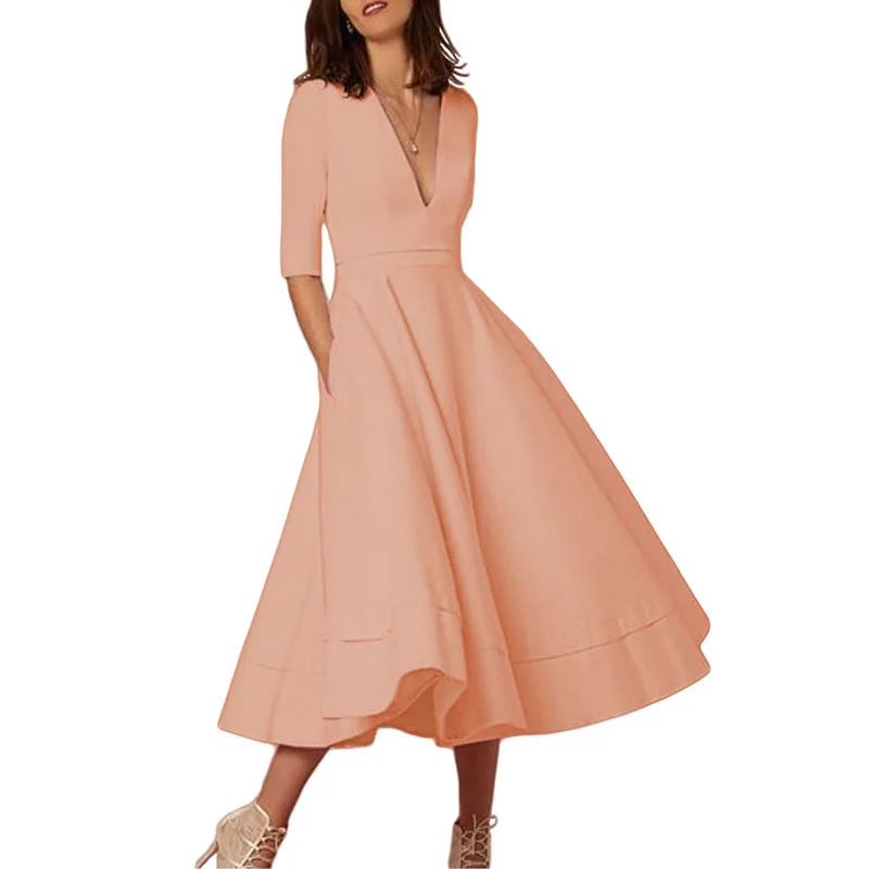 

2019European/American high-end autumn/winter fashion hot sale new sexy deep V sleeve dress solid color elegant mid-length dress