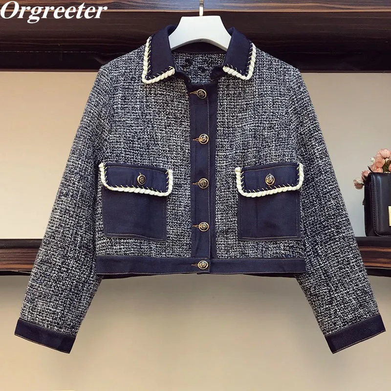 

Retro Houndstooth Short Jacket Women's Autumn 2021 New Denim Patchwork Single-breasted Lapel Small fragrance Tweed Coat Female