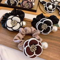 adult women elastic hair bands camellia flower rhinestone korean handmade lady office pearl head wear accessories ed w13