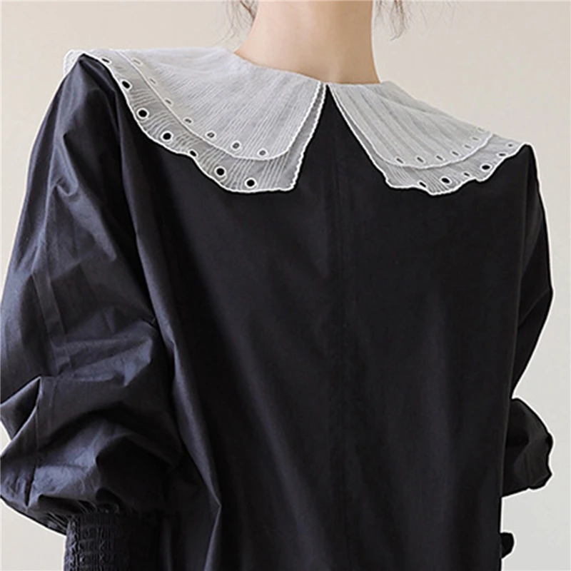 

Women Double Layer Hollow Out Large Fake Lapel Collar Butterfly Ruffles Detachable Half Shirt Button Adjustable Blouse DIY