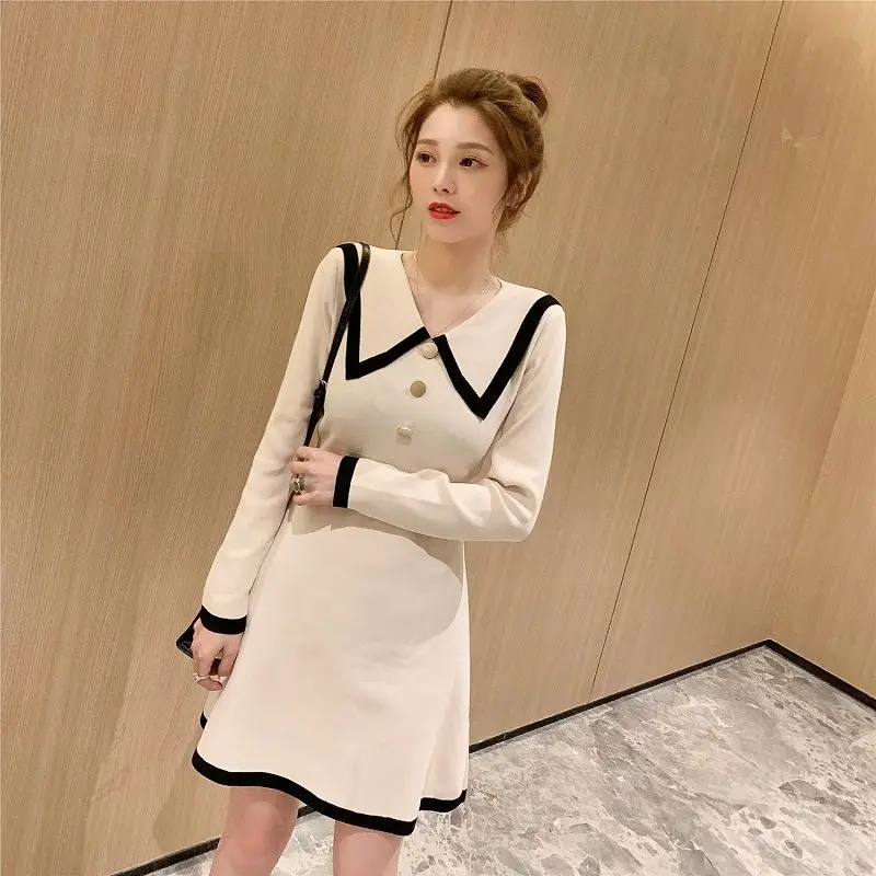 

2021 Women Peter Pan Collar Dresses Female Elegant Fashion Dress Ladies Slim Full Sleeve Mini Casual Elastic Waist Dresses H797