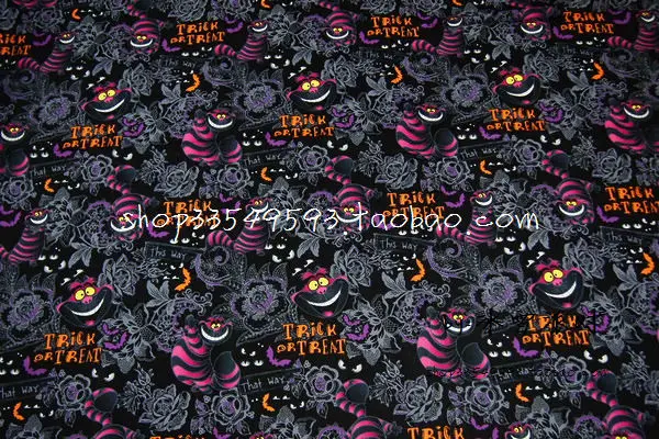 140cm Width Alice in Wonderland Cheshire Cat Trick or Treat Cotton Fabric for Baby Clothes Bags Halloween Decoration DIY-BK666