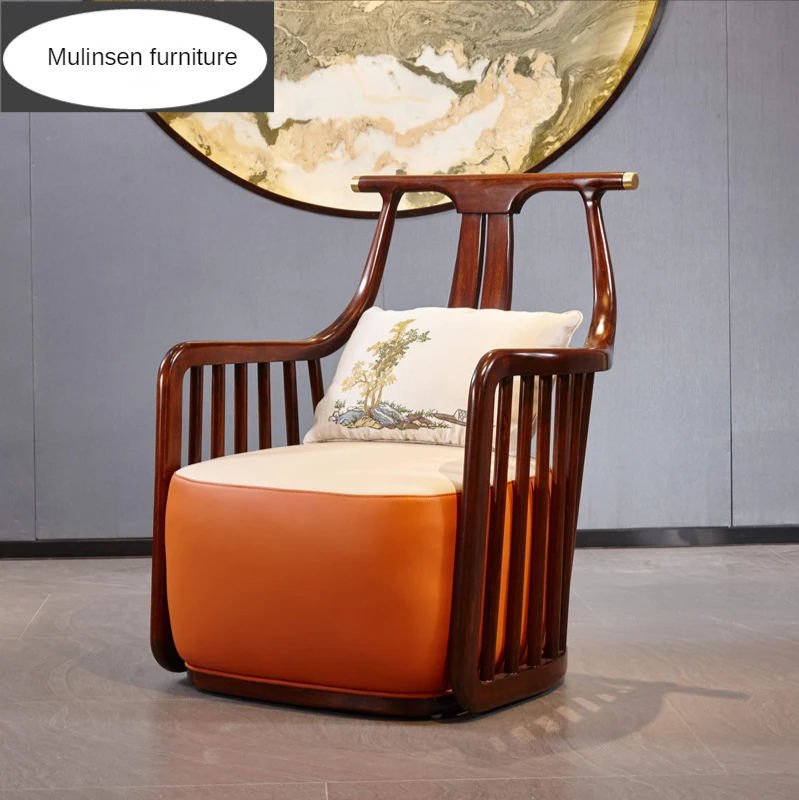 TT Custom New Chinese Genuine Leather Single-Seat Sofa Chair Solid Wood Living Room round-Backed Armchair Bedroom Balcony |