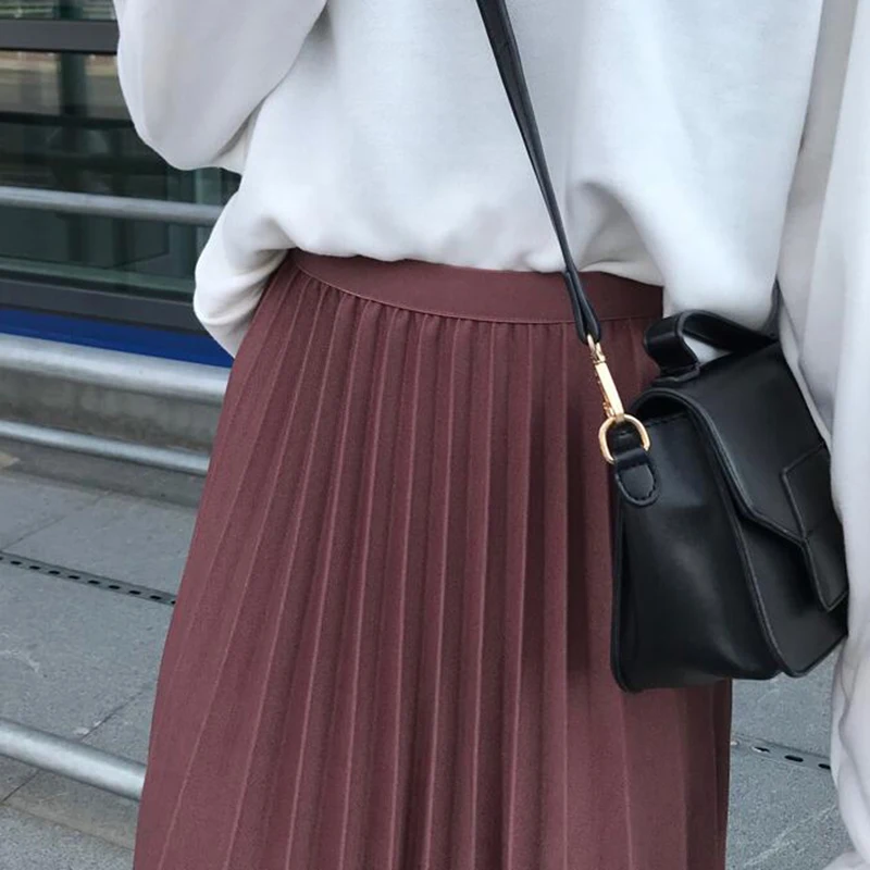 

EORUTCIZ Spring Midi Pleated Skirt Women Fashion High Waist Skirt Female Vintage Autumn Elastic Casual Elegant Black Skirts