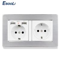 esooli wall socket eu standard power outlet with dual usb smart induction charge port for mobile 5v 2 1a stainless steel panel