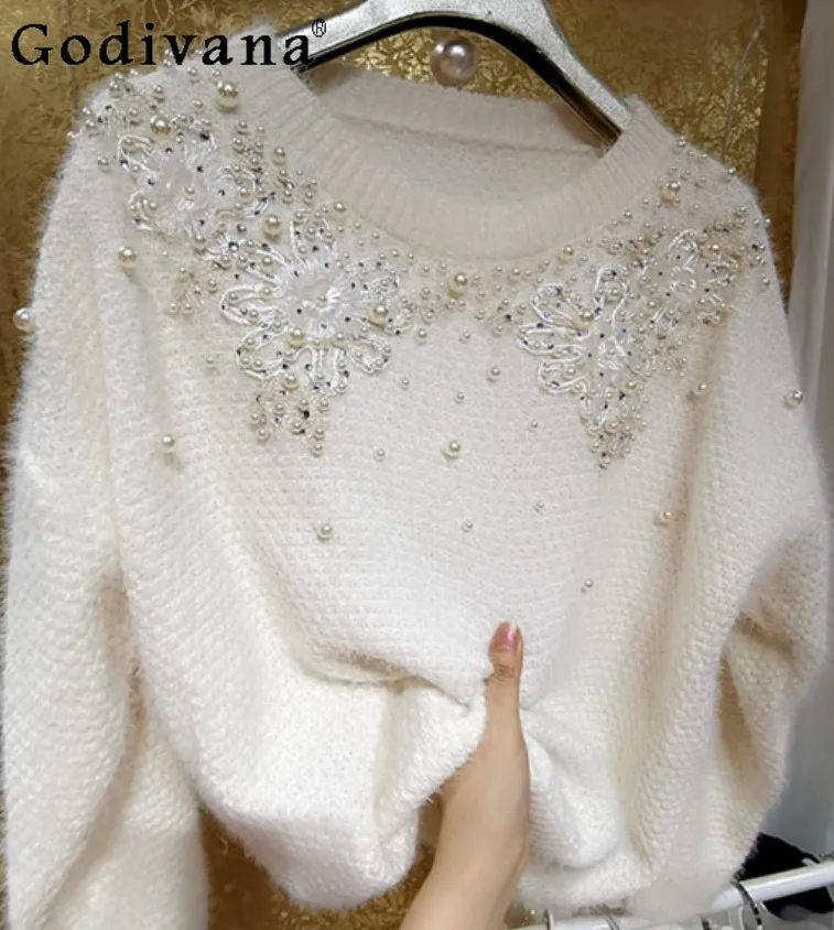 

Женский свитер с круглым вырезом, Белый Свободный пуловер с длинными рукавами, украшенный бусинами, в Корейском стиле, стразы, Осень-зима 2021