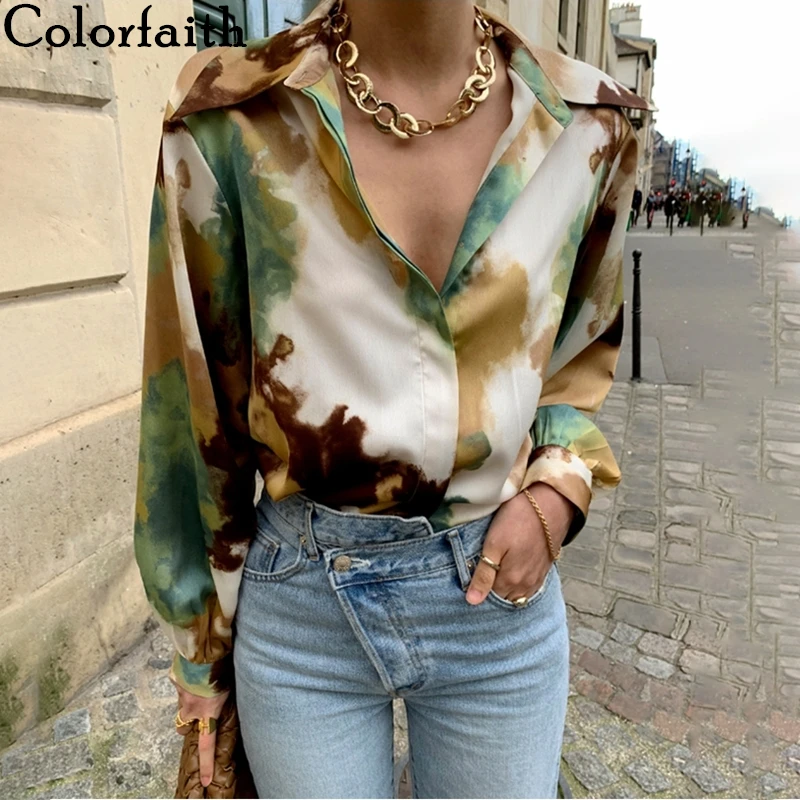 

Colorfaith New 2021 Y2K Retro Autunm Blouses Shirts Vintage Printed Ink Style Korean Lady Fashionable Stylish Wild Tops BL66049