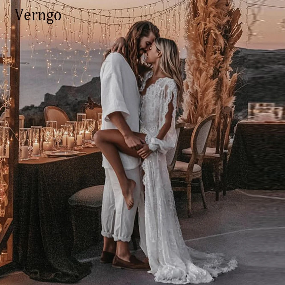 

Verngo Elegant Full Lace Wedding Dress Boho Long Puff Sleeve Country Bride Gowns Sexy Backless Charming 2021 Bridal Dresses