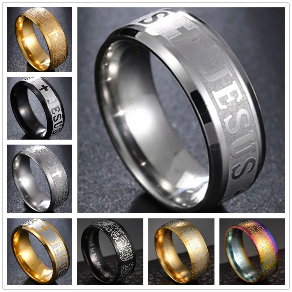 Нержавеющая сталь черный Цвет Кольцо Крест Иисуса письмо Библия молитва кольца